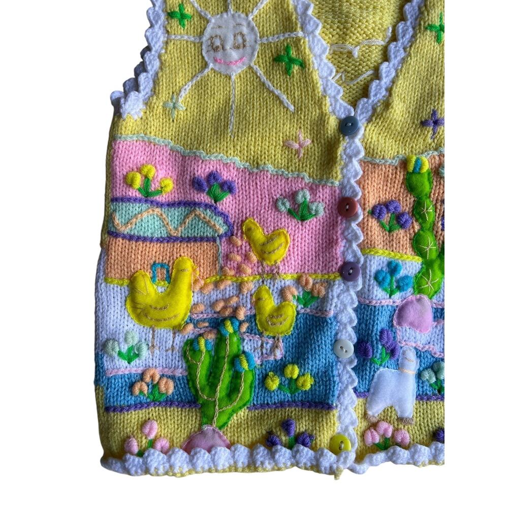 Kids Girl Vintage Embroidered Spring Cactus Llama Knitted Vest Yellow Size 5T - Picture 3 of 6